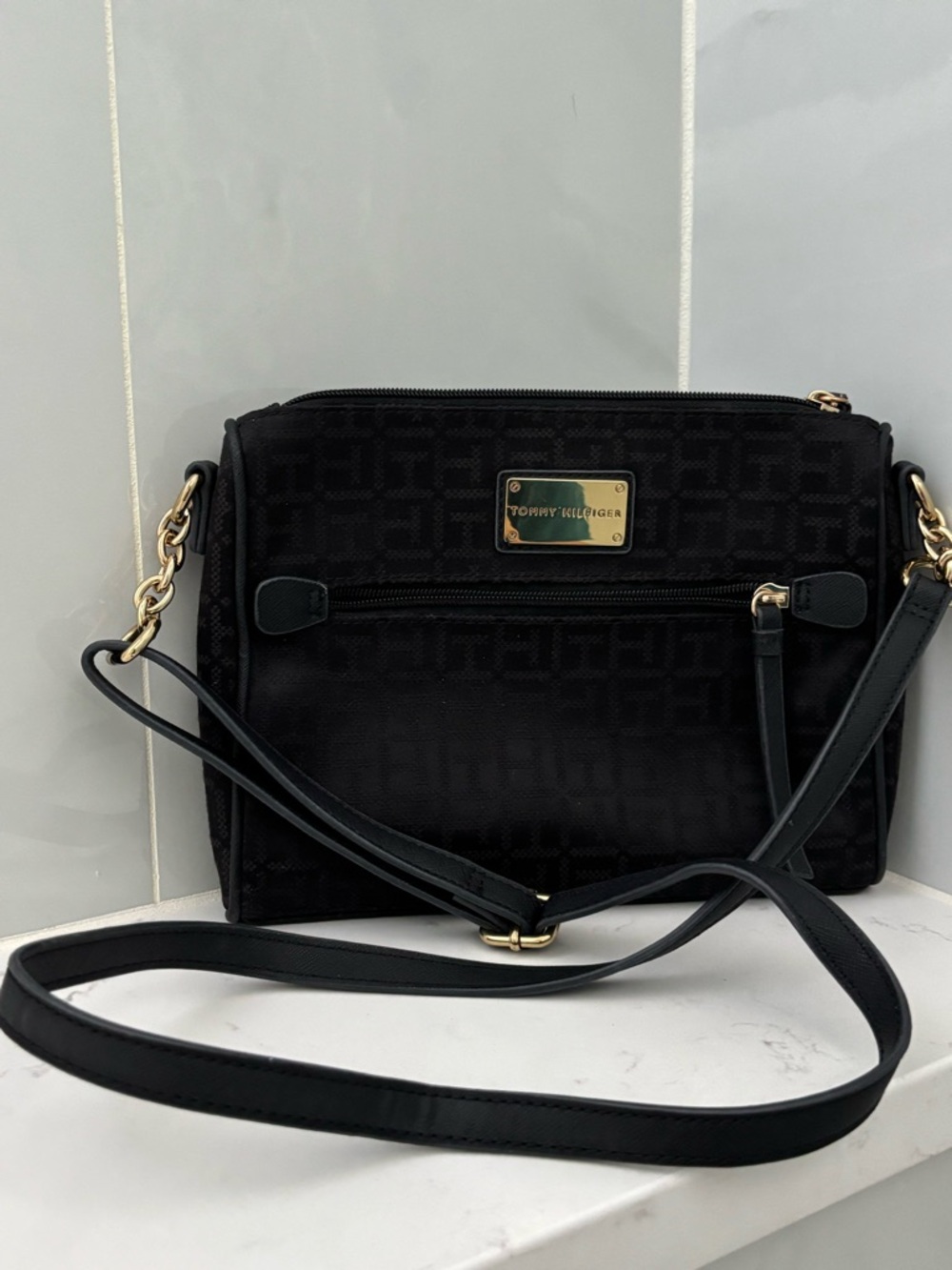 Tommy Hilfiger Black Crossbody with Gold Plate